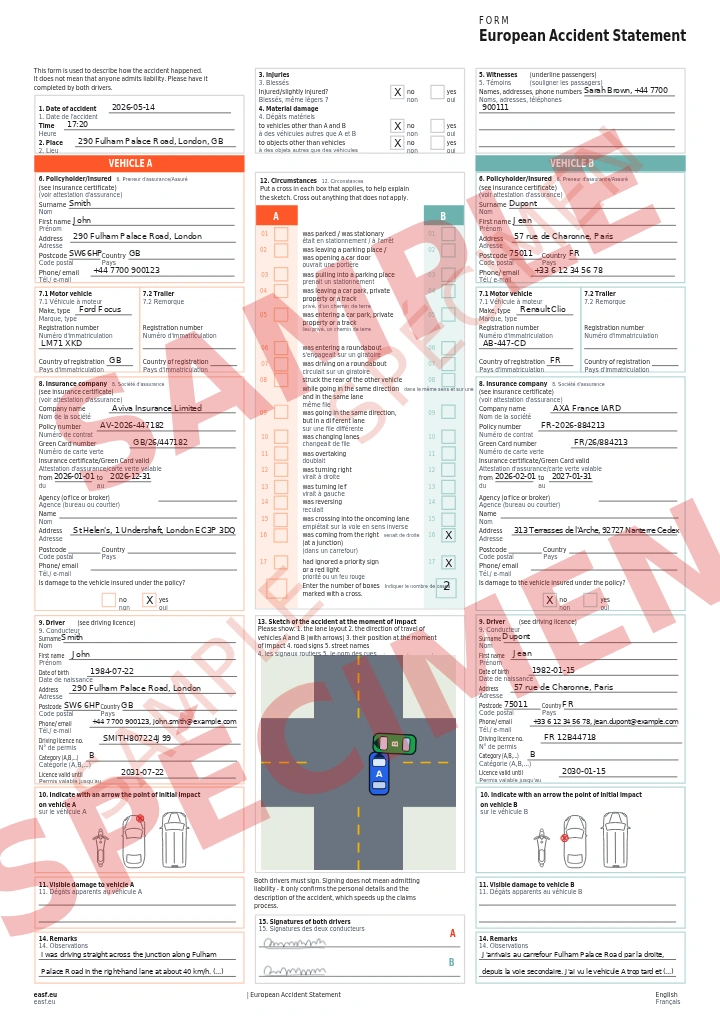 Filled-in European Accident Statement English-French: official EAS form with fields labelled in English and French, vehicle A from the UK, vehicle B from France with remarks in French, sketch and signatures