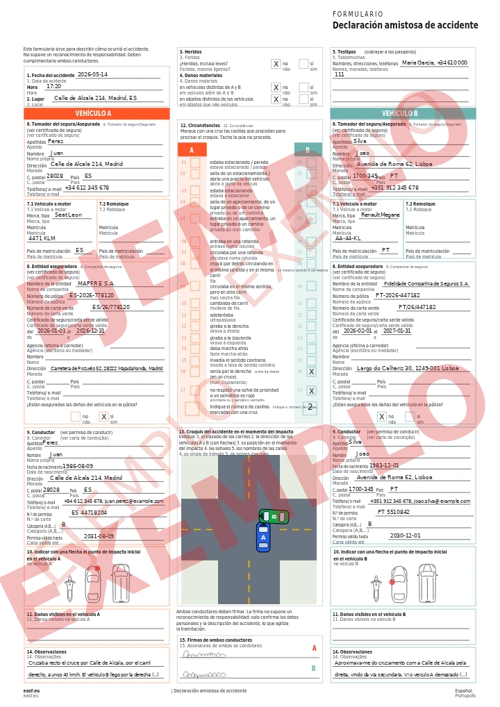 Parte amistoso europeo cumplimentado español-portugués: formulario EAS oficial con las casillas en español y portugués, vehículo A de España, vehículo B de Portugal con observaciones en portugués, croquis y firmas