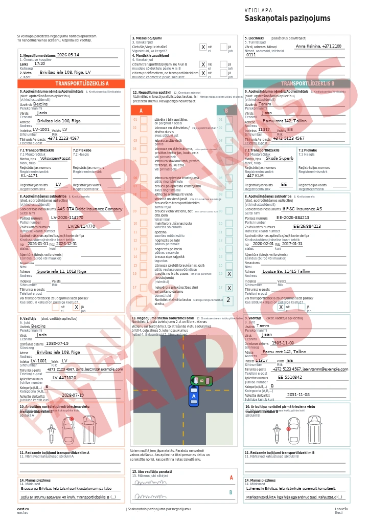 Aizpildīts Eiropas paziņojums par negadījumu latviešu-igauņu: oficiālā EAS veidlapa ar laukiem latviski un igauniski, A transportlīdzeklis no Latvijas, B transportlīdzeklis no Igaunijas ar piezīmēm igauņu valodā, skice un paraksti