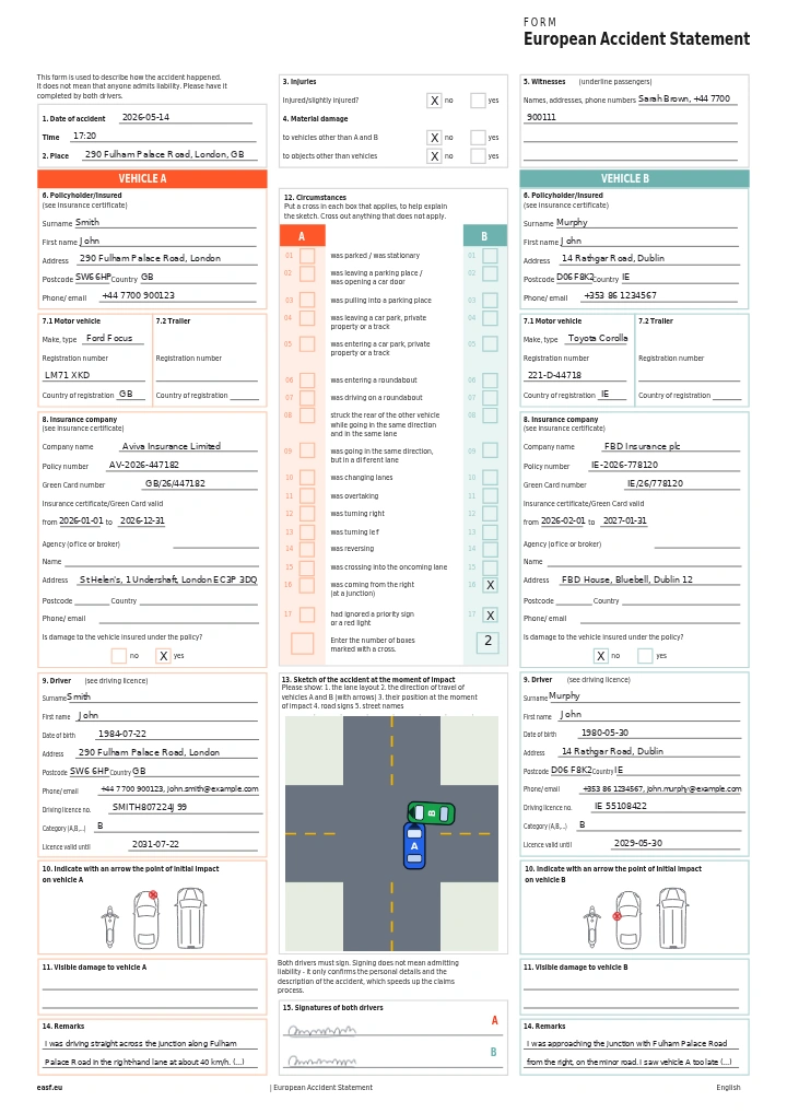 Page one of a European Accident Statement filled in with EASF: both drivers' details, the ticked circumstances, a sketch of the scene and two signatures.