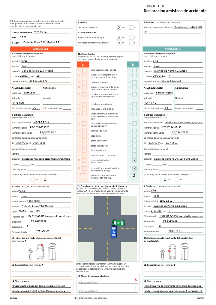 Primera página de una declaración de accidente europea cumplimentada con EASF: los datos de ambos conductores, las circunstancias marcadas, un croquis del lugar y dos firmas.