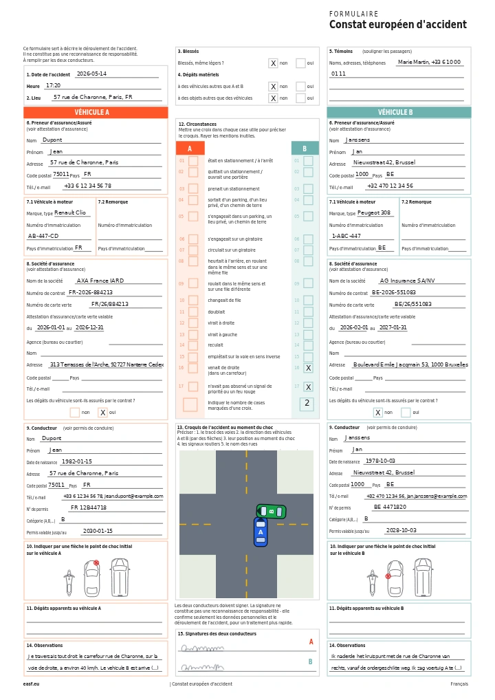 Première page d'un constat amiable européen rempli avec EASF : les données des deux conducteurs, les circonstances cochées, un croquis des lieux et deux signatures.
