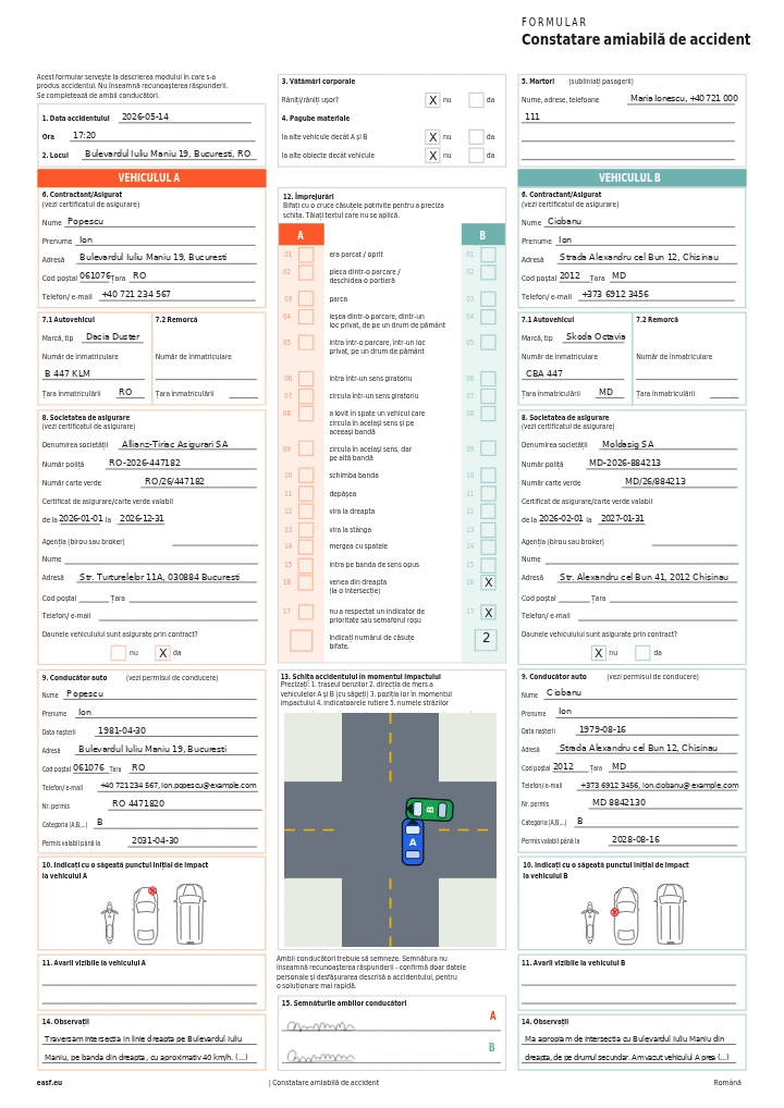 Prima pagină a unei constatări amiabile europene completate cu EASF: datele ambilor conducători auto, circumstanțele bifate, o schiță a locului și două semnături.